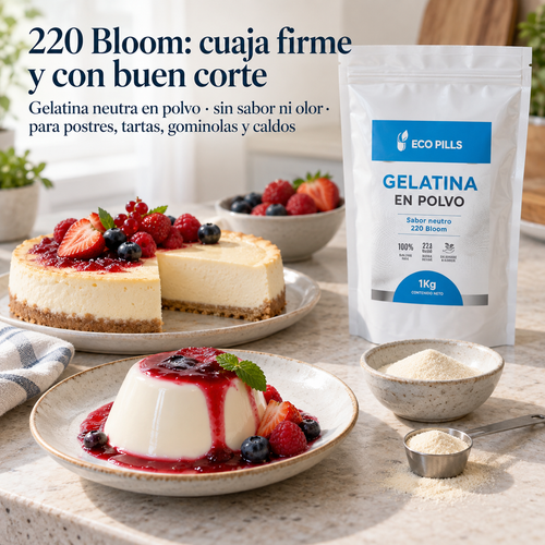 Gelatina neutra en polvo 220 Bloom Eco Pills para postres, tartas y gominolas
