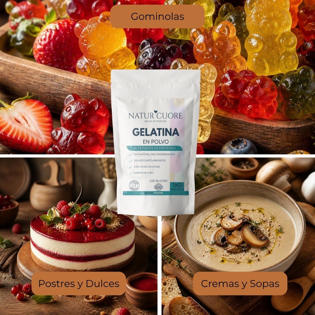 Ideas de uso de Gelatina en Polvo NaturCuore: gominolas, postres y dulces, cremas y sopas