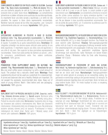 Glicina en Polvo Eco Pills - información nutricional y modo de empleo en varios idiomas
