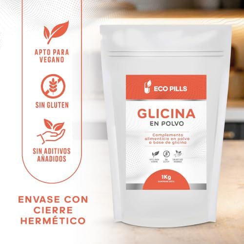 Glicina en Polvo Eco Pills apta para veganos, sin gluten, envase con cierre hermético