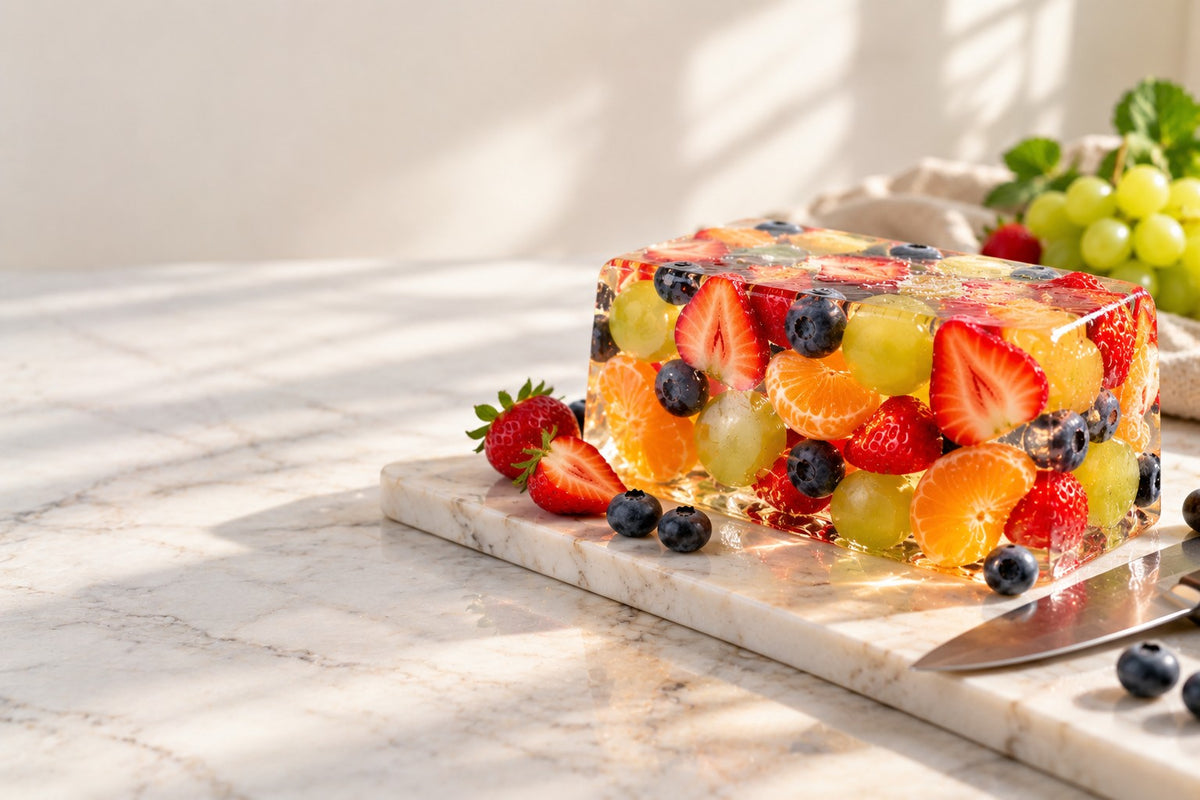 Bloque de gelatina de frutas transparente con uvas, fresas, arándanos y mandarina sobre una tabla de mármol