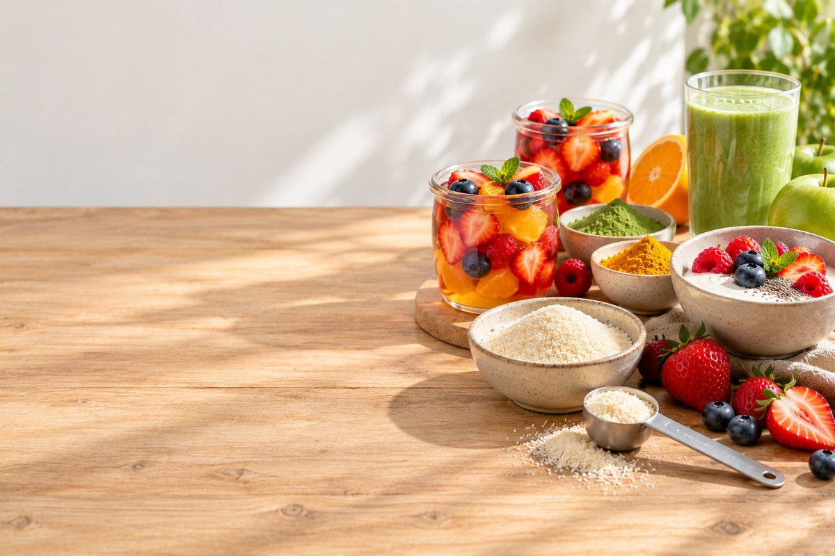 Recetas ligeras: gelatina de frutas casera en tarros, yogur con frutos rojos, batido verde, matcha, cúrcuma y fruta fresca