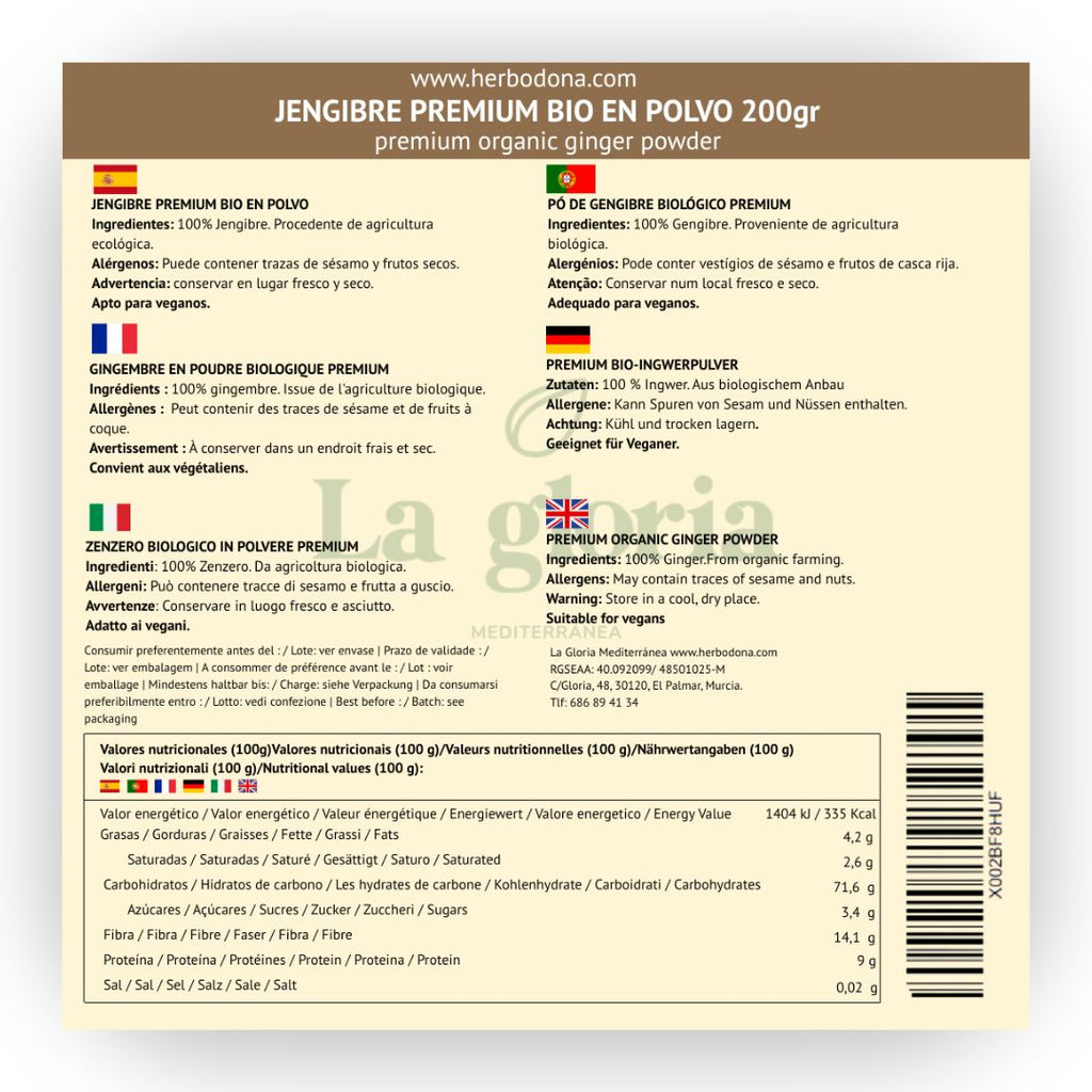 Jengibre en polvo ecológico bio La Gloria Mediterránea