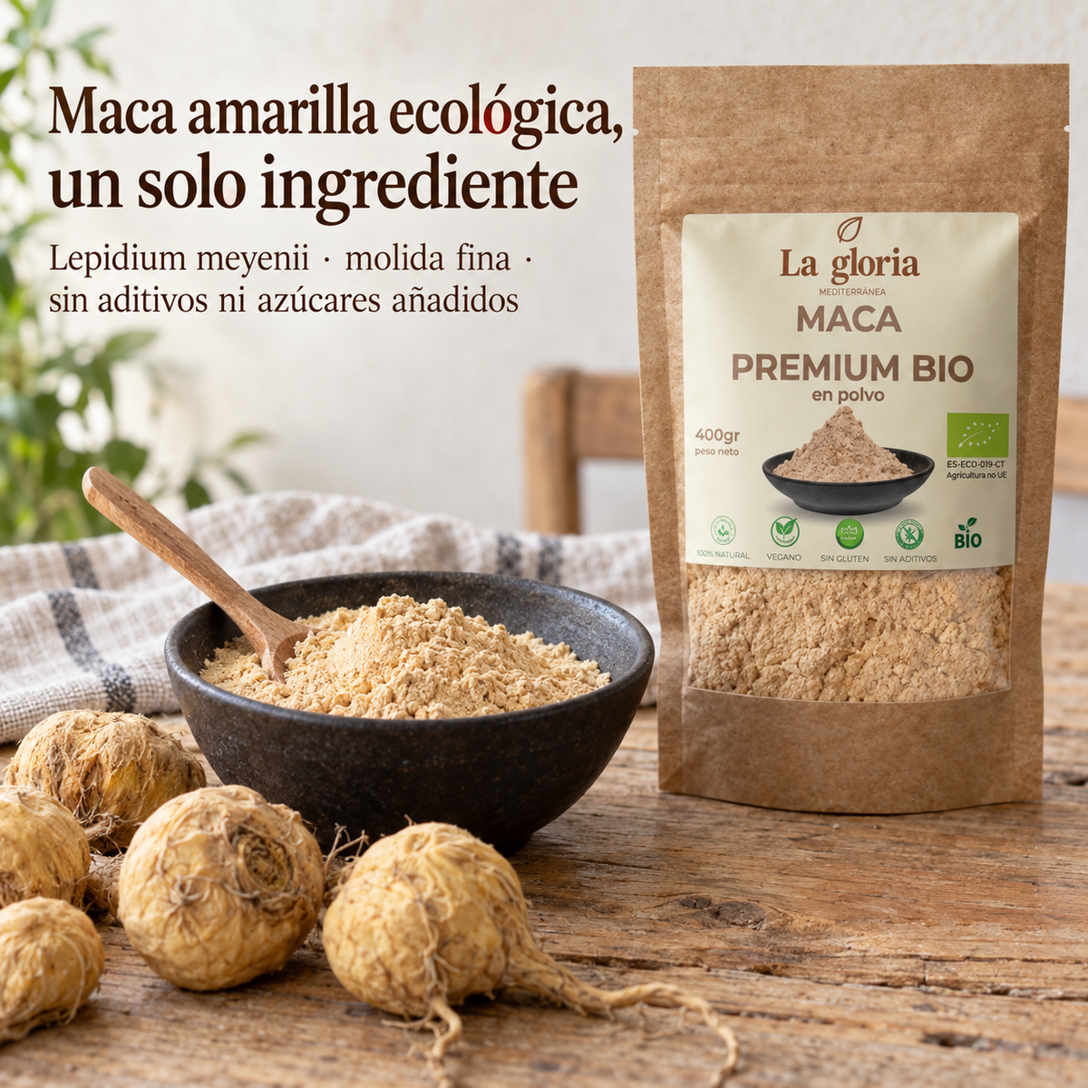 Maca amarilla ecológica en polvo, un solo ingrediente (Lepidium meyenii) – La Gloria Mediterránea