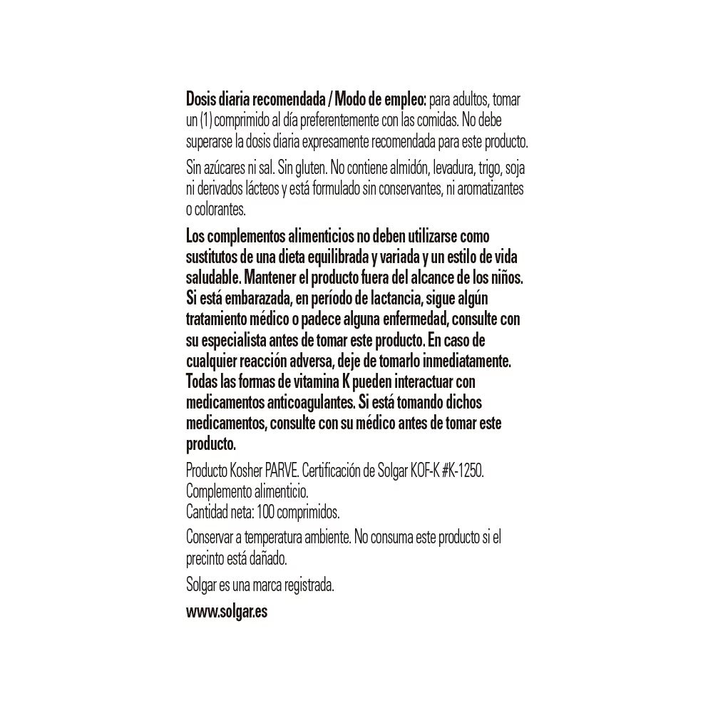 Vitamina K1 100 µg de Solgar, foto 3 del producto (envase o etiqueta)