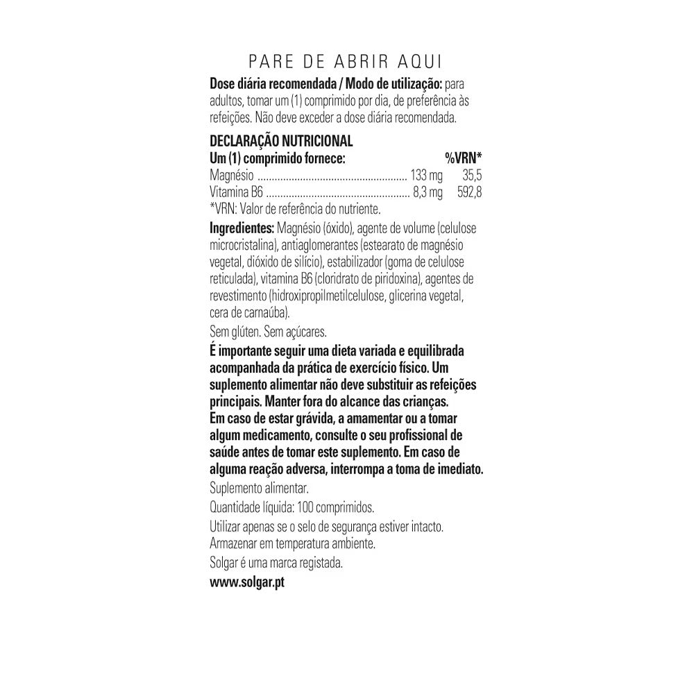 Magnesio con vitamina B6 de Solgar, 100 comprimidos, foto 2 del producto (envase o etiqueta)