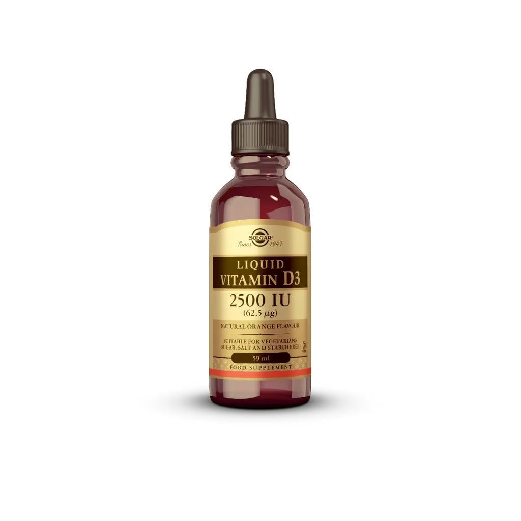 Envase de Vitamina D3 líquida 2500 UI de Solgar, vista principal del producto