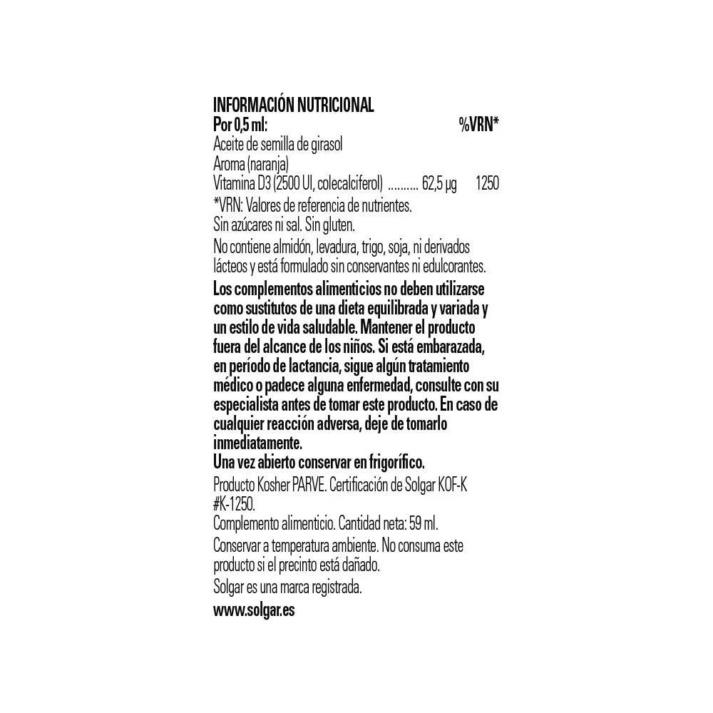 Vitamina D3 líquida 2500 UI de Solgar, foto 5 del producto (envase o etiqueta)