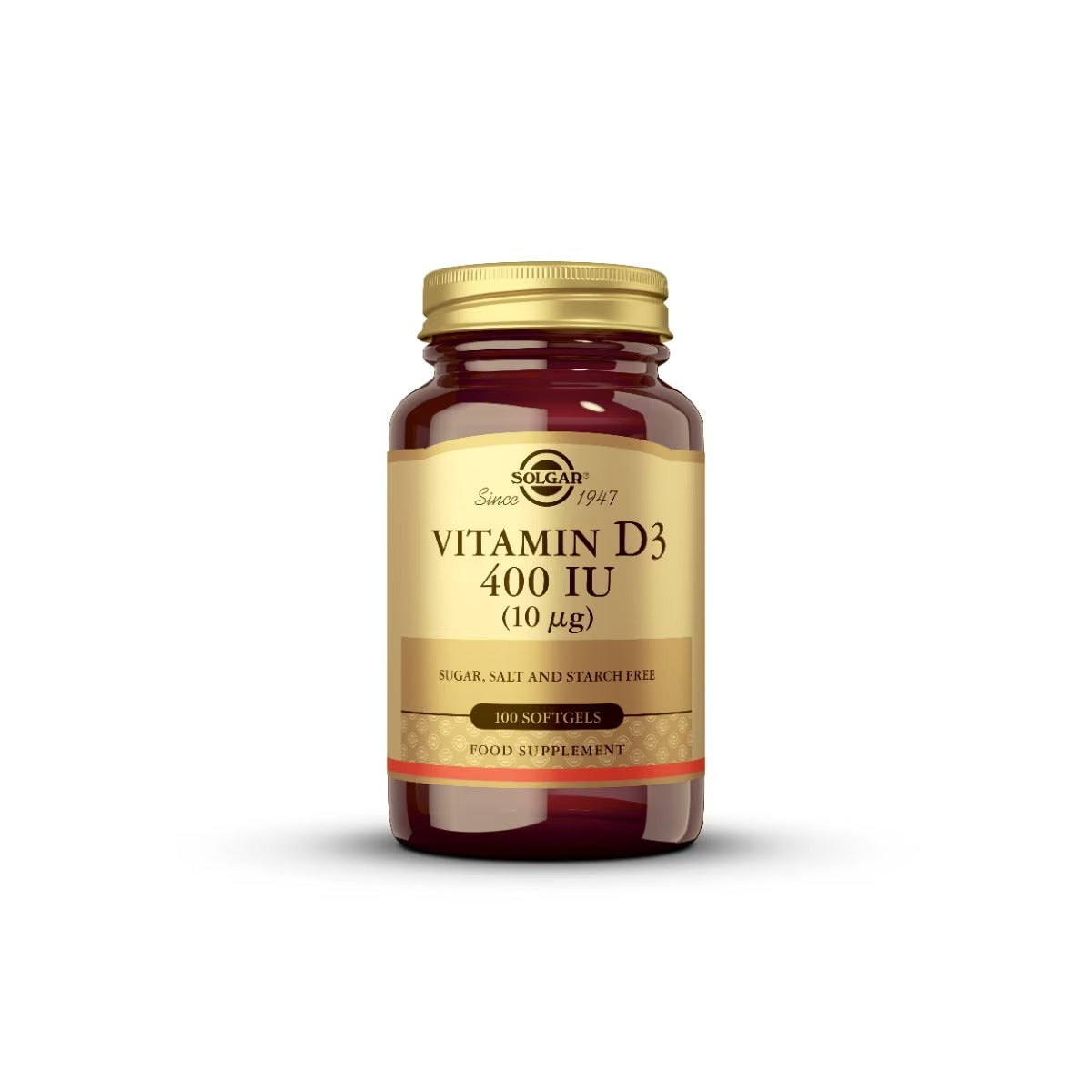 Envase de Vitamina D3 400 UI de Solgar, vista frontal