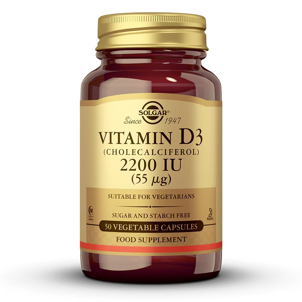 Envase de Vitamina D3 2200 UI de Solgar, vista frontal