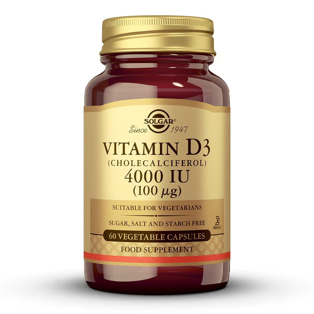 Envase de Vitamina D3 4000 UI de Solgar, vista frontal