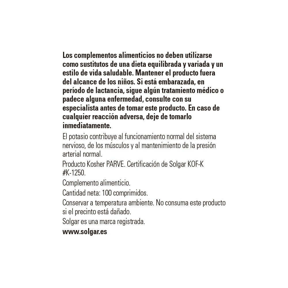 Potasio gluconato de Solgar, foto 3 del producto (envase o etiqueta)