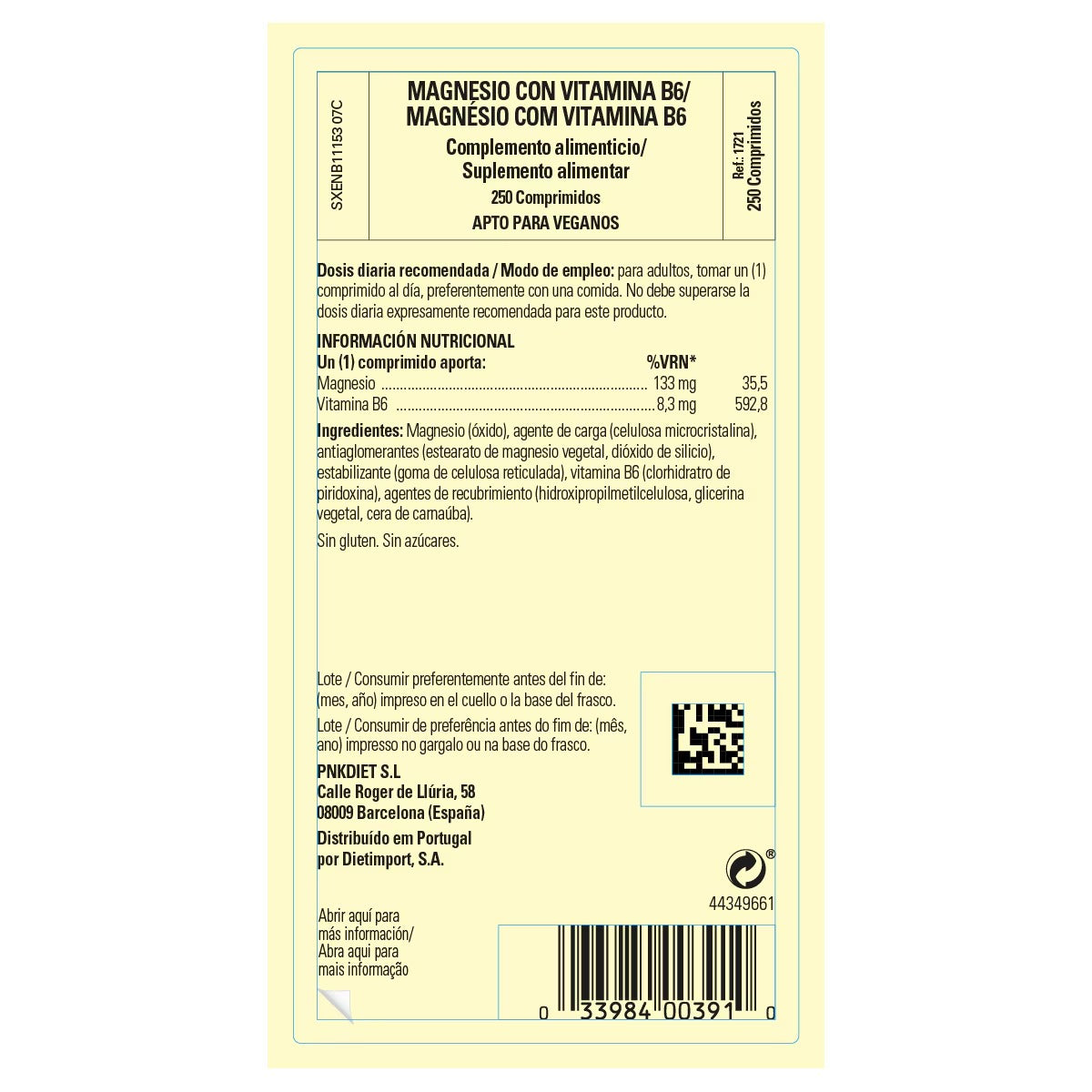 Magnesio con vitamina B6 de Solgar, 250 comprimidos, foto 4 del producto (envase o etiqueta)