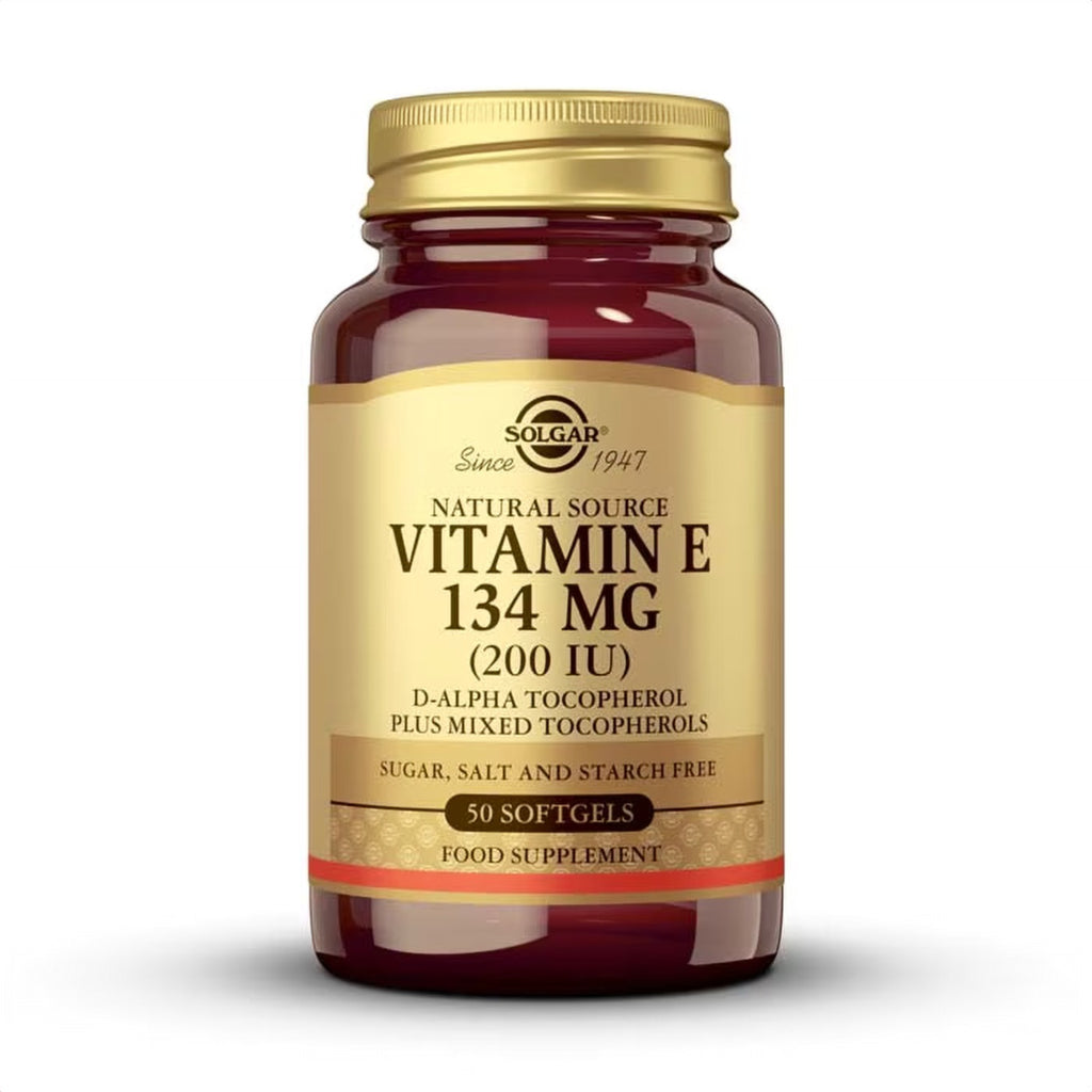 Envase de Vitamina E 200 UI de Solgar, vista frontal