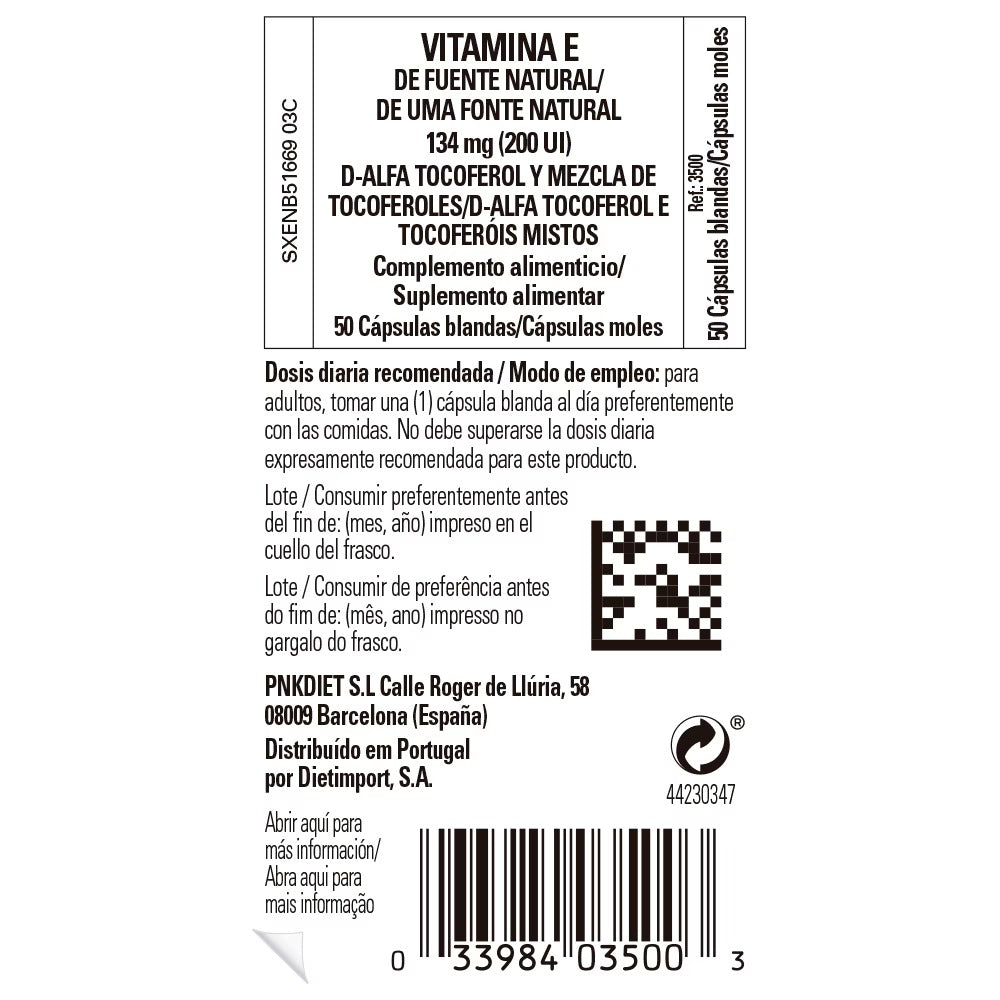 Vitamina E 200 UI de Solgar: etiqueta lateral con información del producto