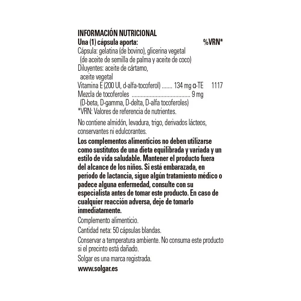 Vitamina E 200 UI de Solgar: detalle de la etiqueta y modo de empleo