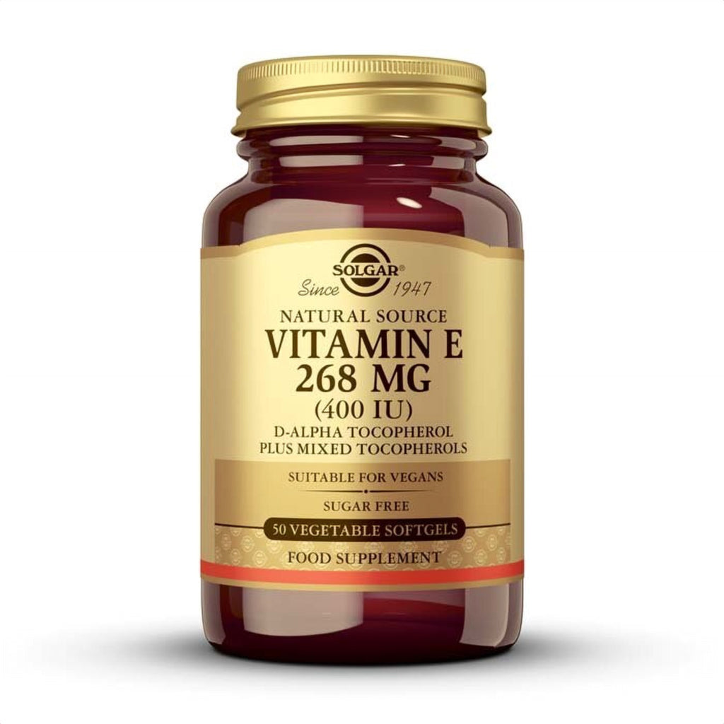 Envase de Vitamina E 400 UI de Solgar, vista frontal
