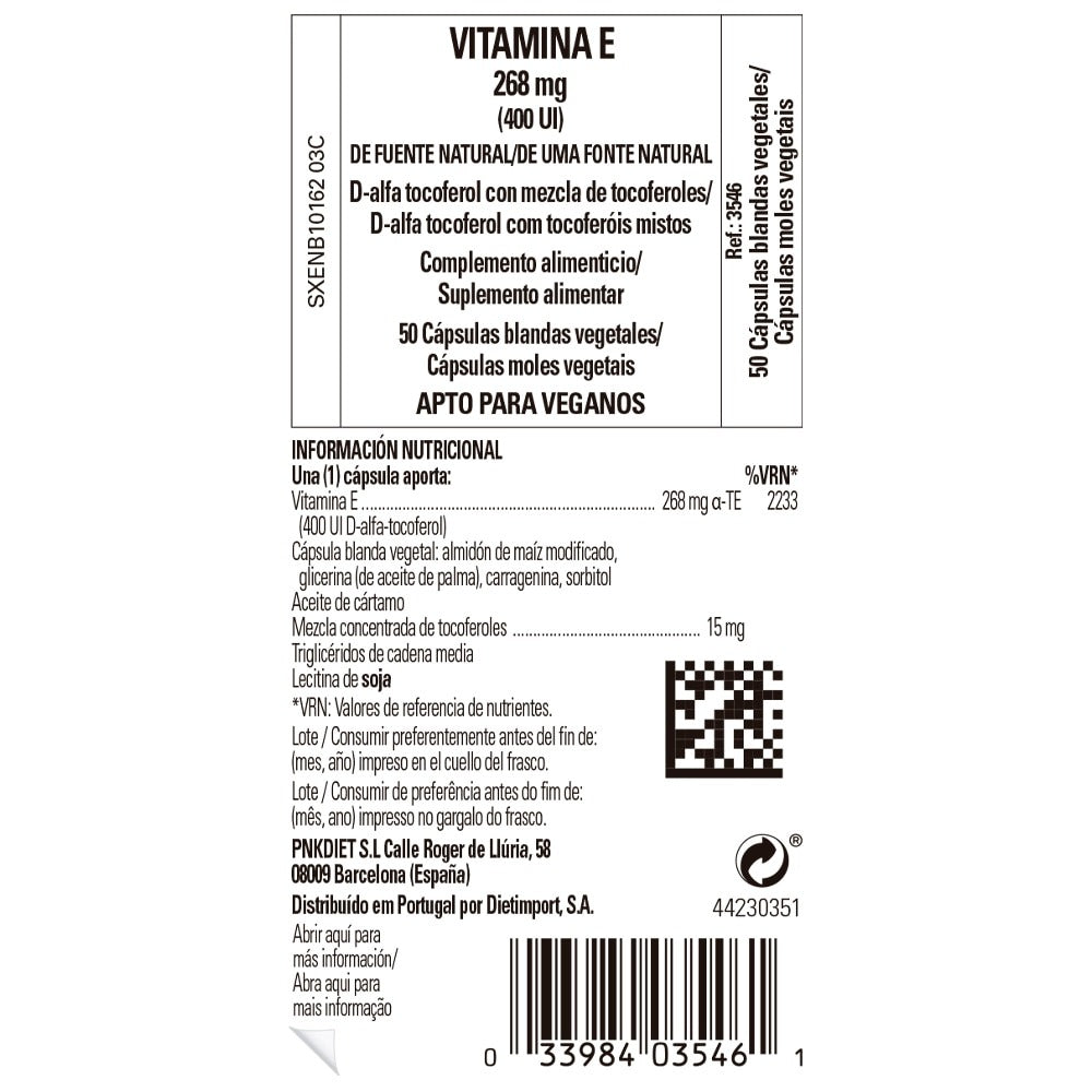Vitamina E 400 UI de Solgar: etiqueta lateral con información del producto