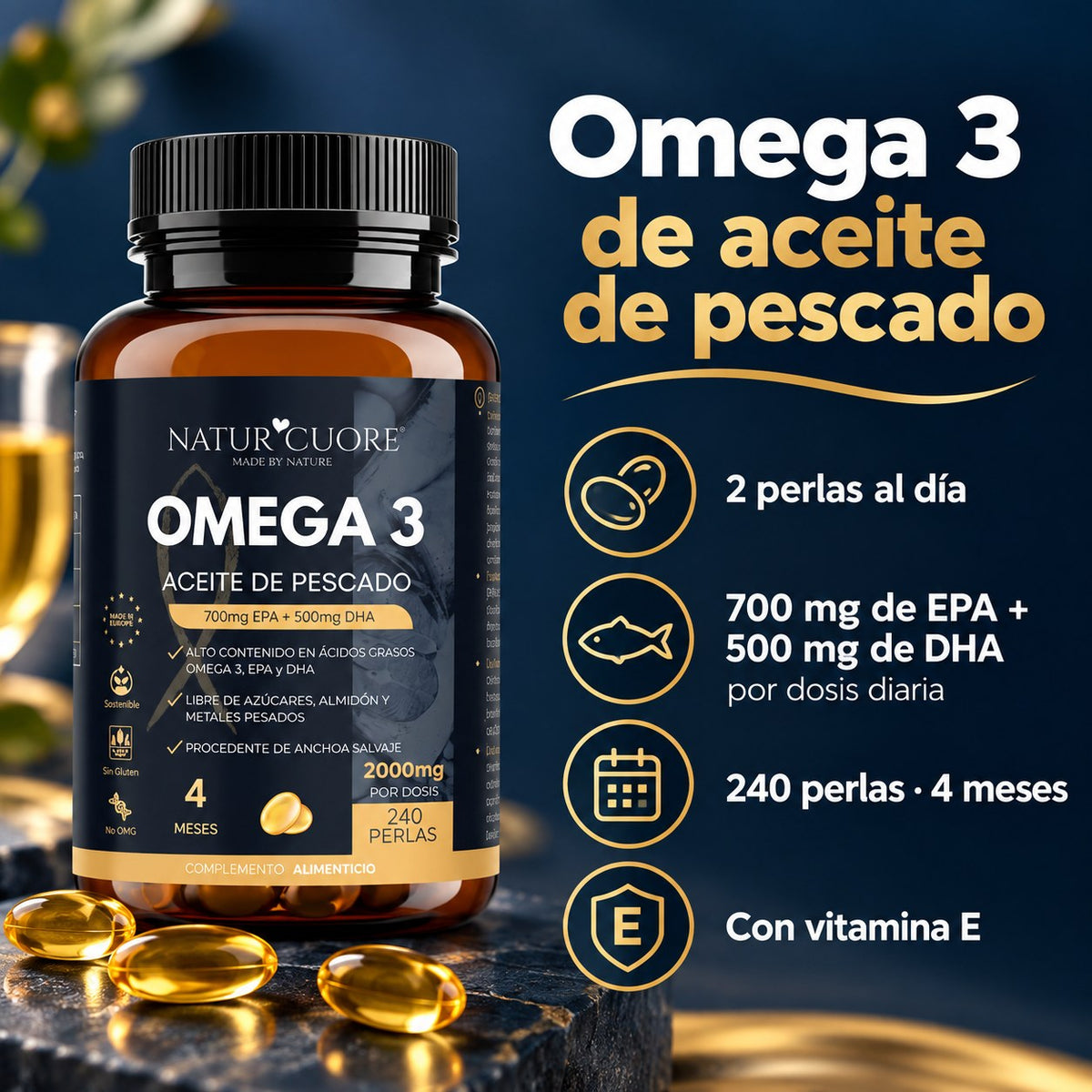 Infografía Naturcuore Omega 3 240 perlas: 2 perlas al día con 700 mg de EPA y 500 mg de DHA