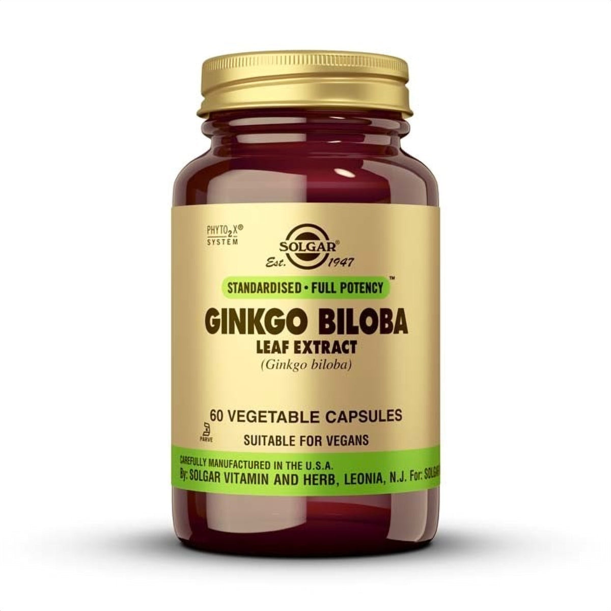 Solgar Ginkgo Biloba Extracto de Hoja, 60 cápsulas vegetales: envase, vista frontal
