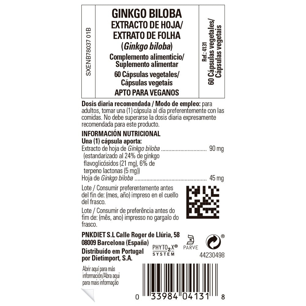 Solgar Ginkgo Biloba Extracto de Hoja, 60 cápsulas vegetales: etiqueta con ingredientes y modo de empleo