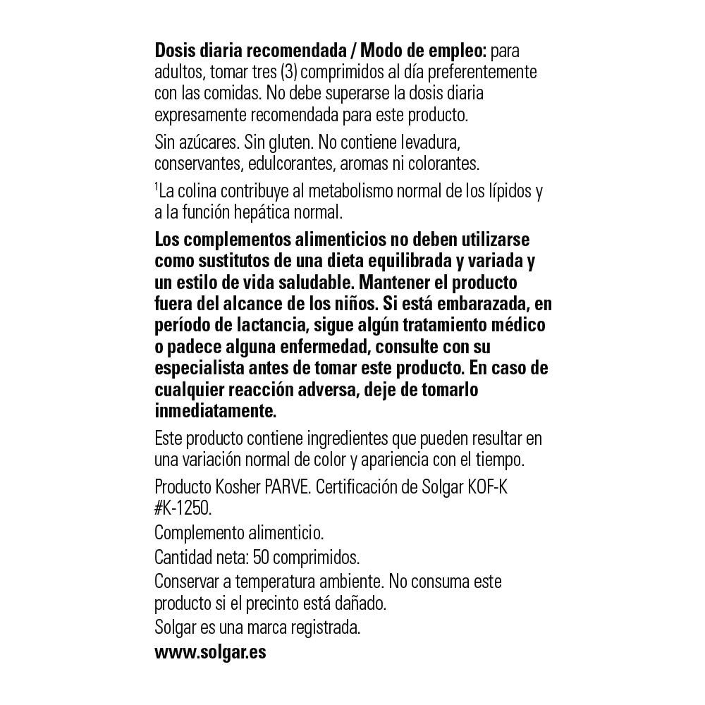 Solgar Factores Lipotrópicos, 50 comprimidos: detalle del envase y etiquetado, vista lateral