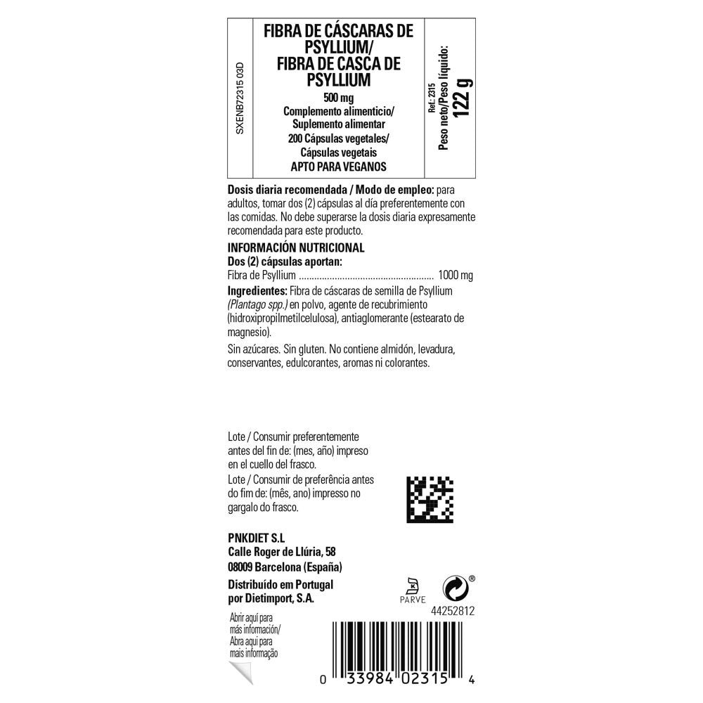 Solgar Fibra de Cáscaras de Psyllium 500 mg, 200 cápsulas vegetales: detalle del envase y etiquetado, vista lateral