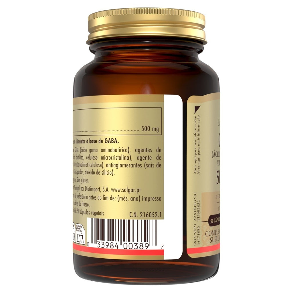 Solgar GABA 500 mg, 50 cápsulas vegetales: etiqueta con ingredientes y modo de empleo
