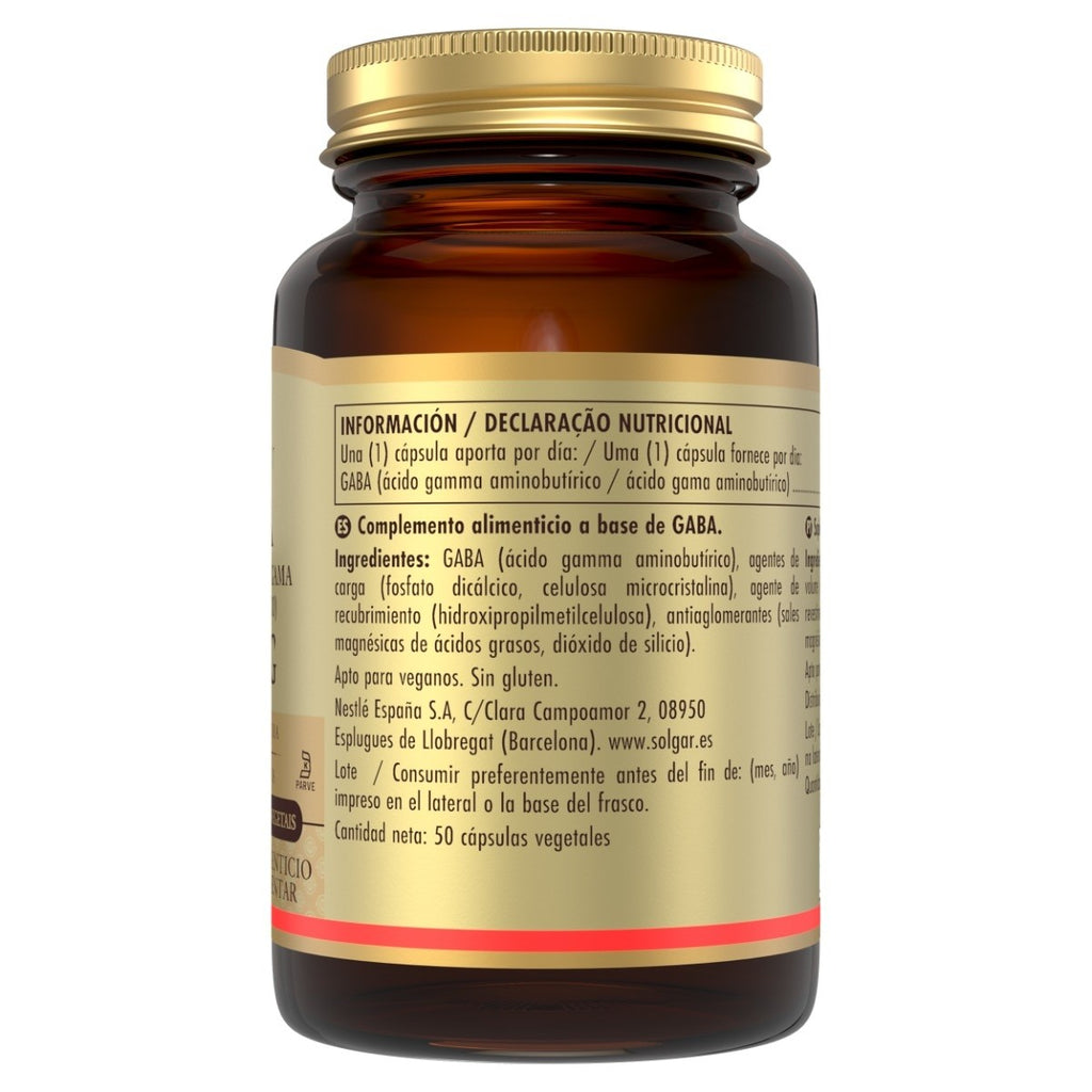 Solgar GABA 500 mg, 50 cápsulas vegetales: detalle del envase y etiquetado, vista lateral