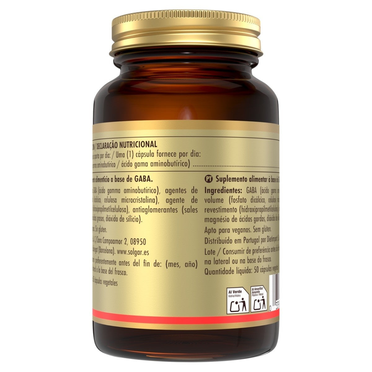Solgar GABA 500 mg, 50 cápsulas vegetales: detalle del etiquetado, información adicional
