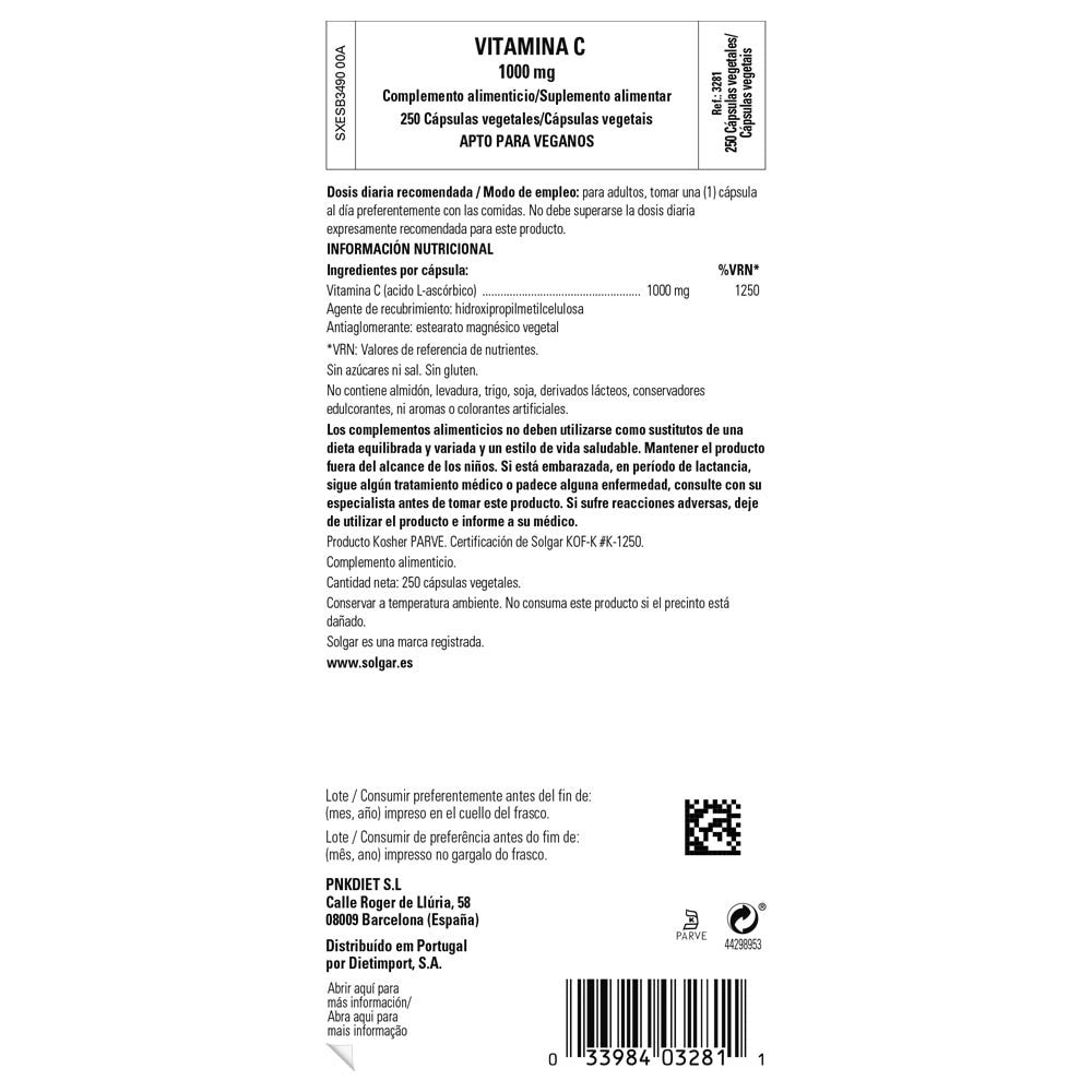 Solgar Vitamina C 1000 mg, 250 cápsulas vegetales: etiqueta con ingredientes y modo de empleo