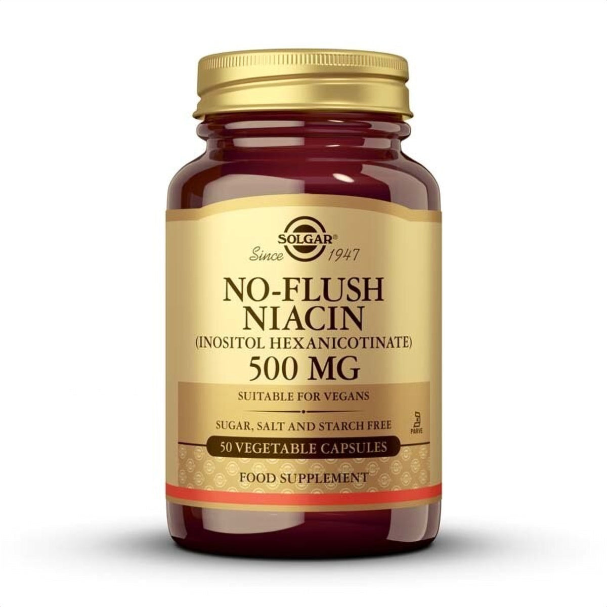 Solgar Niacina No Ruborizante 500 mg, 50 cápsulas vegetales: envase, vista frontal