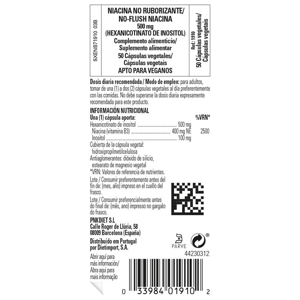 Solgar Niacina No Ruborizante 500 mg, 50 cápsulas vegetales: etiqueta con ingredientes y modo de empleo