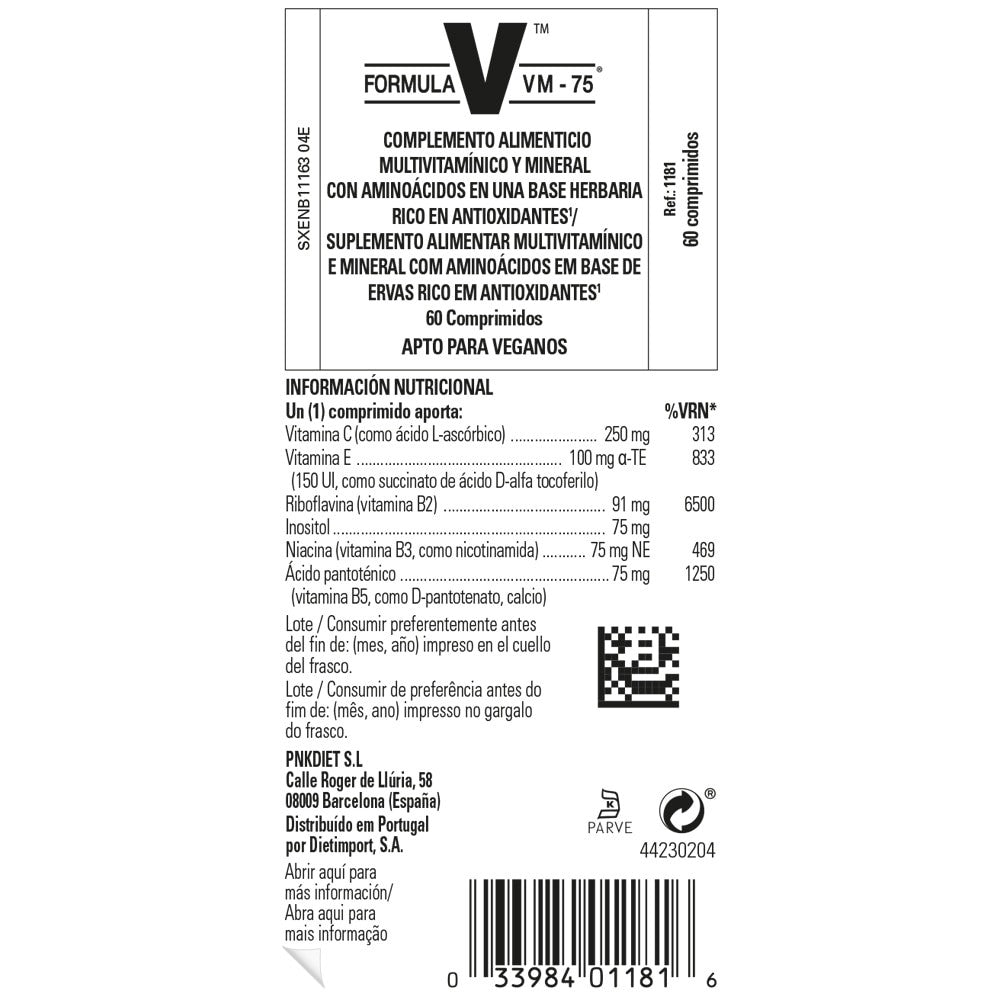 Solgar Fórmula VM-75® Multivitamínico y Minerales, 60 comprimidos: etiqueta con ingredientes y modo de empleo