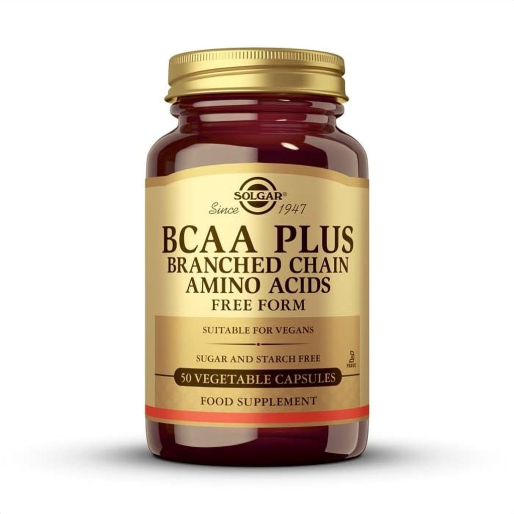 Solgar BCAA Plus, 50 cápsulas vegetales: envase, vista frontal
