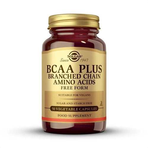 Solgar BCAA Plus, 50 cápsulas vegetales: envase, vista frontal