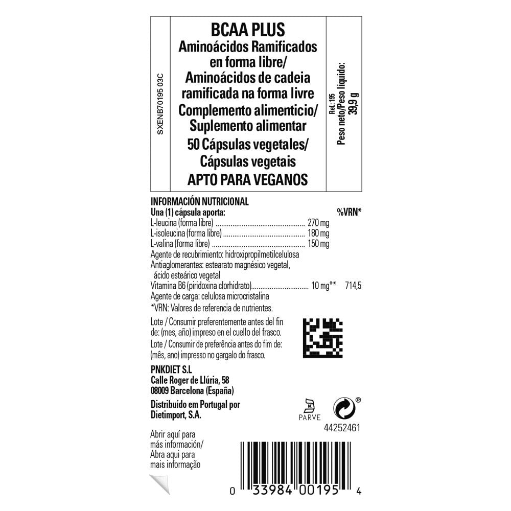 Solgar BCAA Plus, 50 cápsulas vegetales: etiqueta con ingredientes y modo de empleo