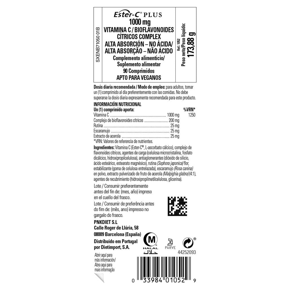 Solgar Ester-C® Plus Vitamina C 1000 mg, 90 comprimidos: etiqueta con ingredientes y modo de empleo