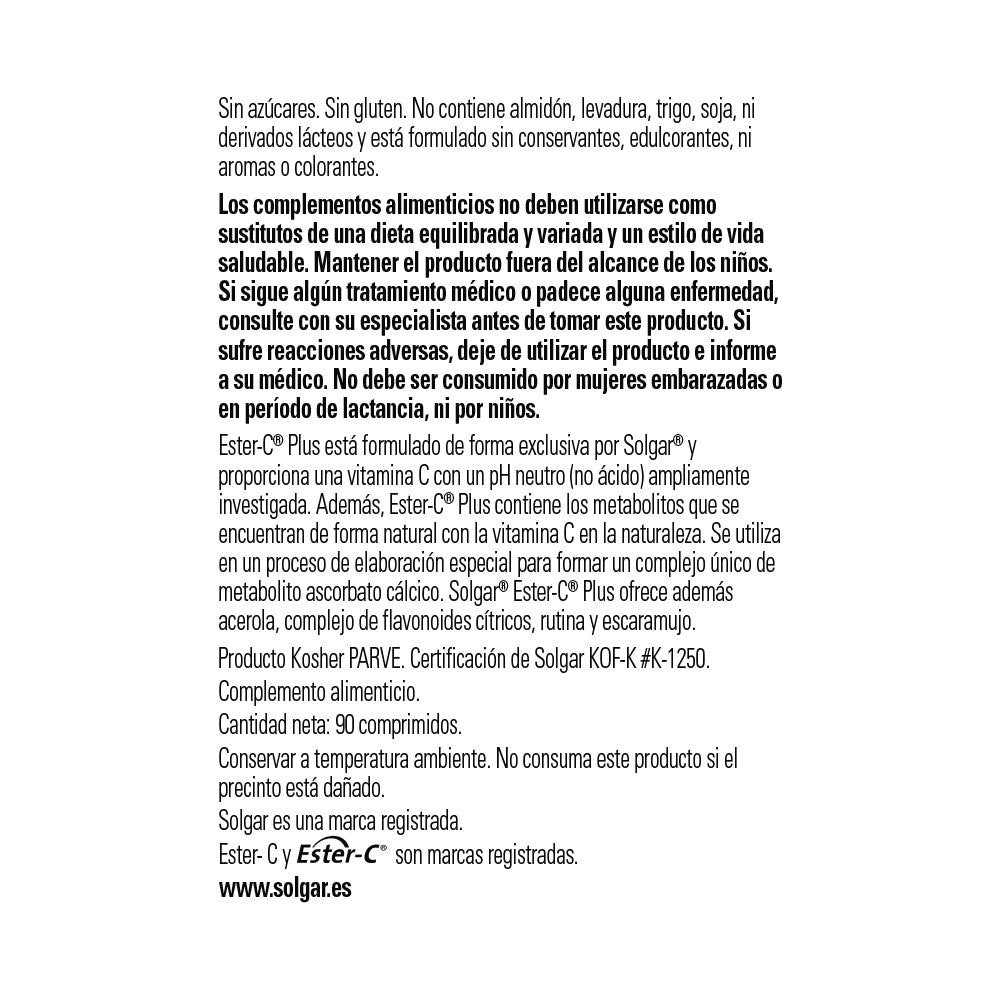 Solgar Ester-C® Plus Vitamina C 1000 mg, 90 comprimidos: detalle del envase y etiquetado, vista lateral