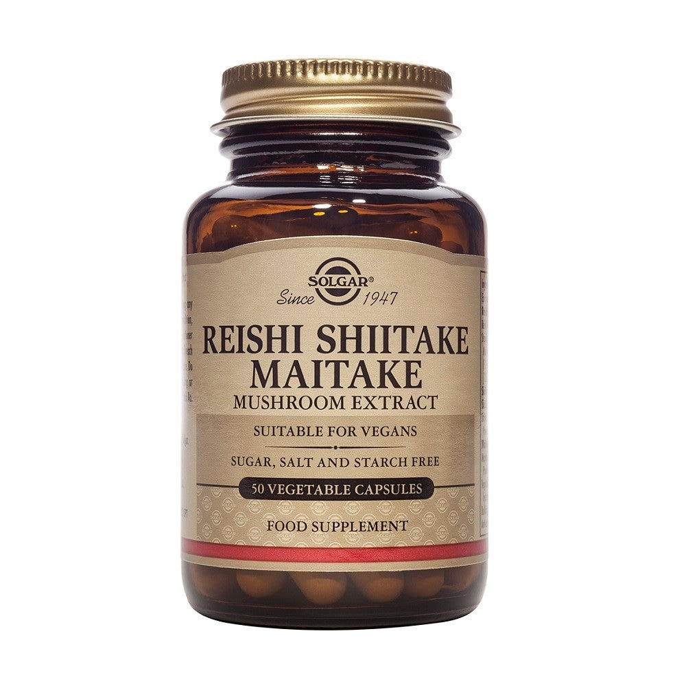 Solgar Reishi Shiitake Maitake Extracto de Hongo, 50 cápsulas vegetales: envase, vista frontal