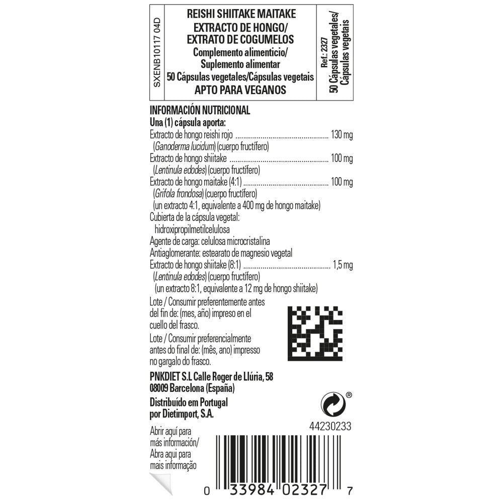 Solgar Reishi Shiitake Maitake Extracto de Hongo, 50 cápsulas vegetales: etiqueta con ingredientes y modo de empleo