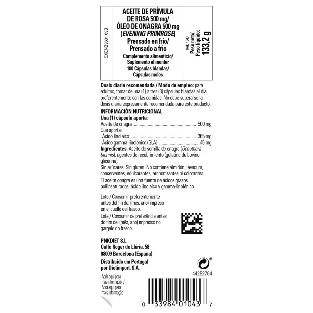 Solgar Aceite de Prímula de Rosa (Onagra) 500 mg, 180 cápsulas blandas: etiqueta con ingredientes y modo de empleo