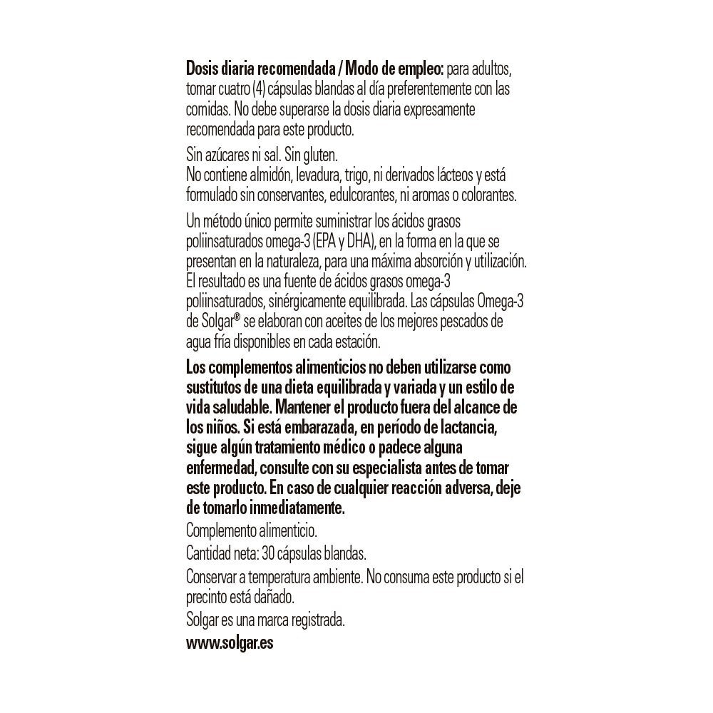 Solgar Omega-3 Alta Concentración, 30 perlas: detalle del envase y etiquetado, vista lateral