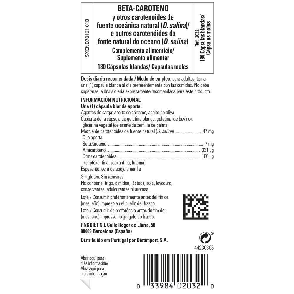 Solgar Beta-Caroteno 7 mg, 180 cápsulas blandas: etiqueta con ingredientes y modo de empleo