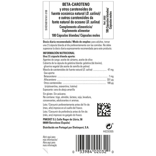 Solgar Beta-Caroteno 7 mg, 180 cápsulas blandas: etiqueta con ingredientes y modo de empleo