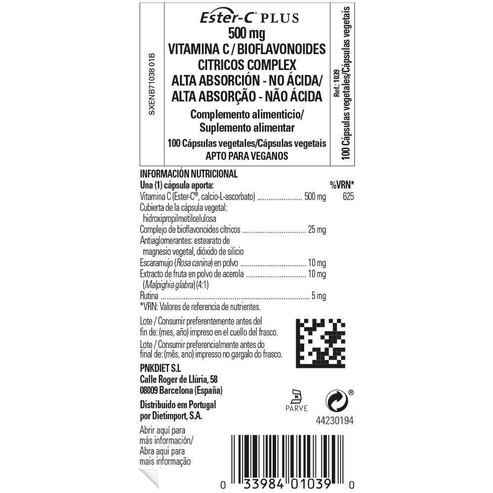 Solgar Ester-C® Plus Vitamina C 500 mg, 100 cápsulas vegetales: etiqueta con ingredientes y modo de empleo