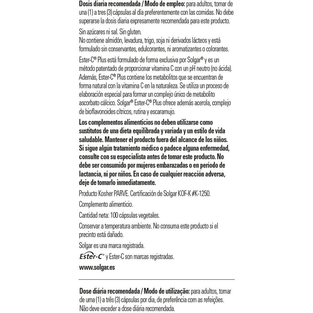 Solgar Ester-C® Plus Vitamina C 500 mg, 100 cápsulas vegetales: detalle del envase y etiquetado, vista lateral