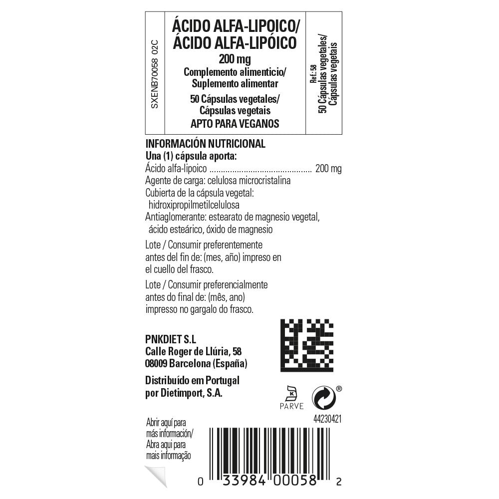 Solgar Ácido Alfa-Lipoico 200 mg, 50 cápsulas vegetales: etiqueta con ingredientes y modo de empleo