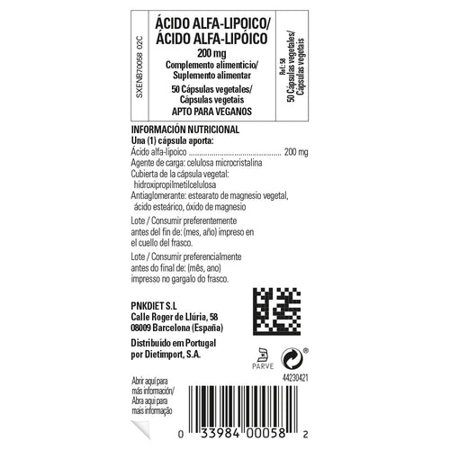 Solgar Ácido Alfa-Lipoico 200 mg, 50 cápsulas vegetales: etiqueta con ingredientes y modo de empleo