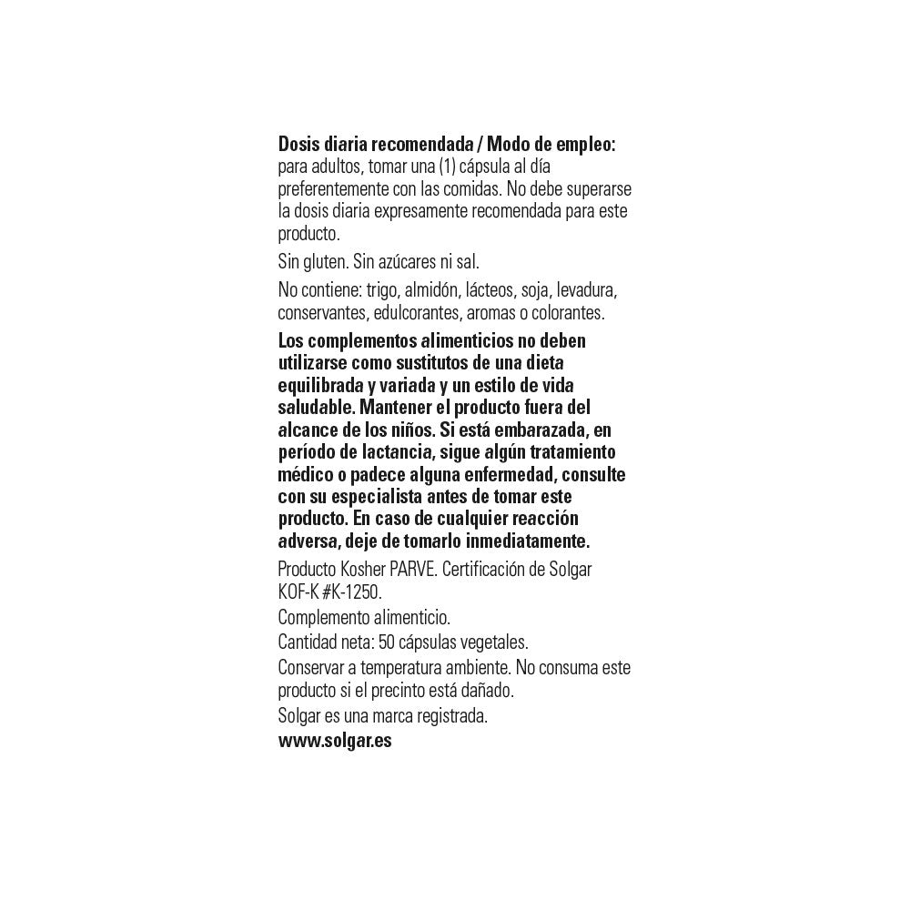 Solgar Ácido Alfa-Lipoico 200 mg, 50 cápsulas vegetales: detalle del envase y etiquetado, vista lateral